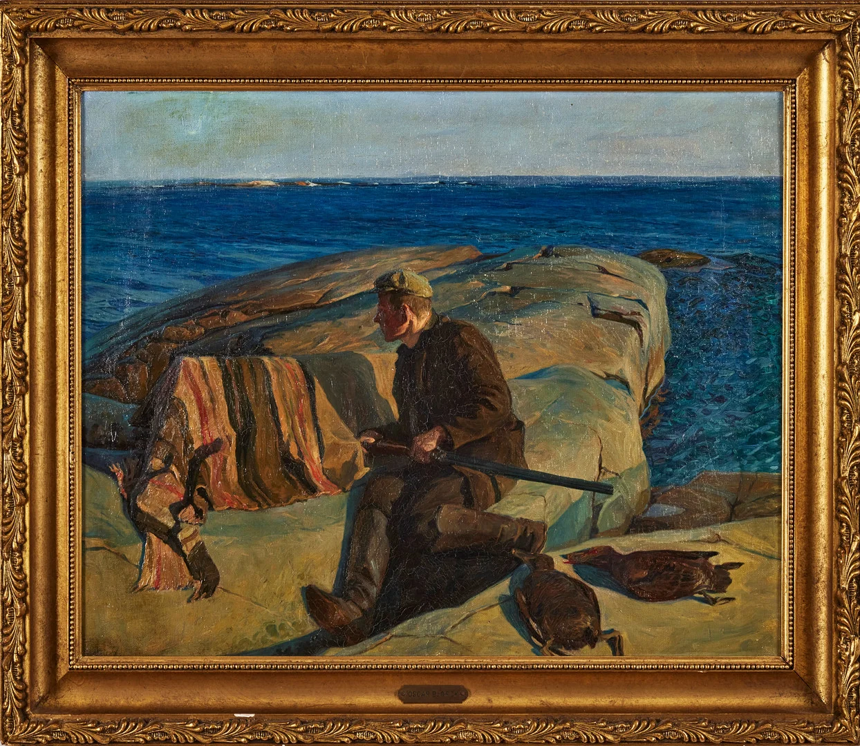 OSCAR BJÖRCK. Jägare i kustlandskap, olja på duk, 47 x 62 cm. — Paintings — Stockholms Auktionsverk Fine Art