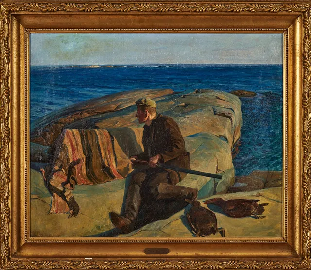 OSCAR BJÖRCK. Jägare i kustlandskap, olja på duk, 47 x 62 cm.