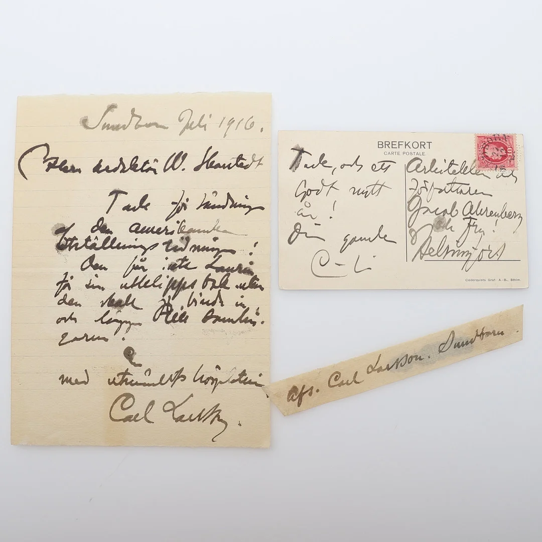 HANDSKRIFTER. TRE HANDSKRIFTER FRÅN KONSTNÄREN CARL LARSSON PÅ SUNDBORN. — Autographs & Manuscripts — Crafoord Auktioner Lund