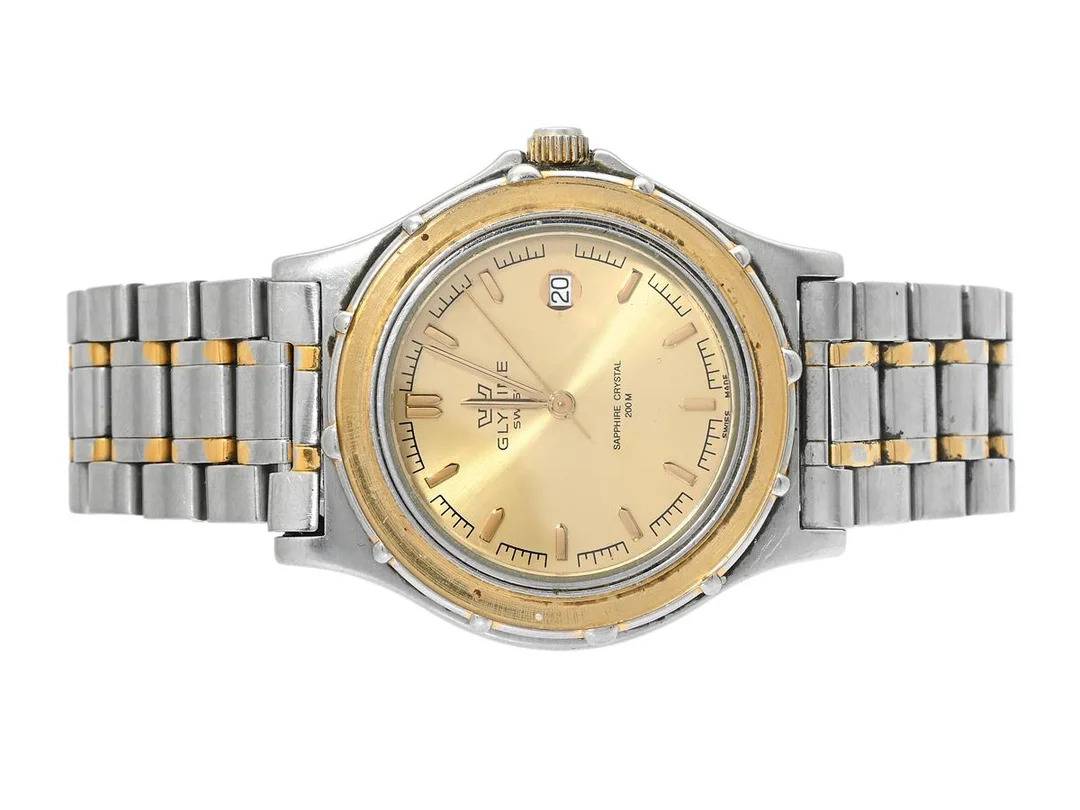 GLYCINE, herrur, Boett nr. 3592, 38 mm, bicolour, quartz, safirglas, datum, skadad urtavla, OBS: saknar glasring, originallänk, viklås, ca 1990. — Klockor/Glycine — Kaplans