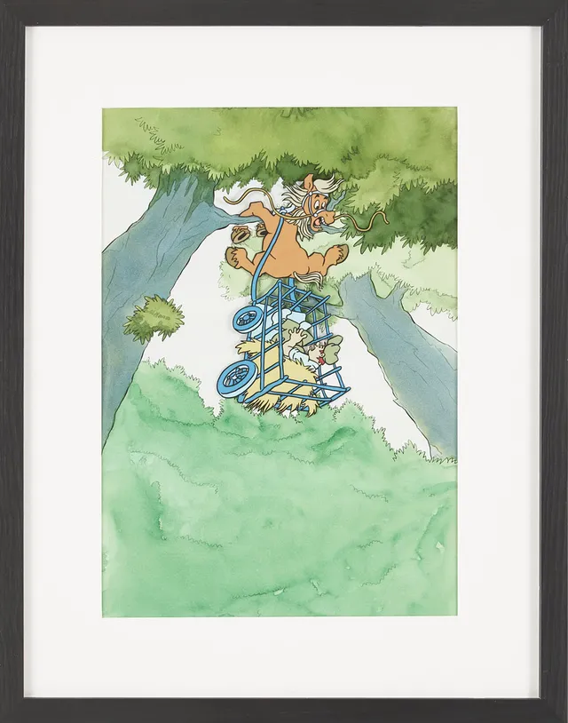 RUNE ANDRÉASSON. Bamse, handmålad filmcell ur "Trollkarlen", från 1972, scen 545A:1, monterad på den handmålade originalbakgrunden.