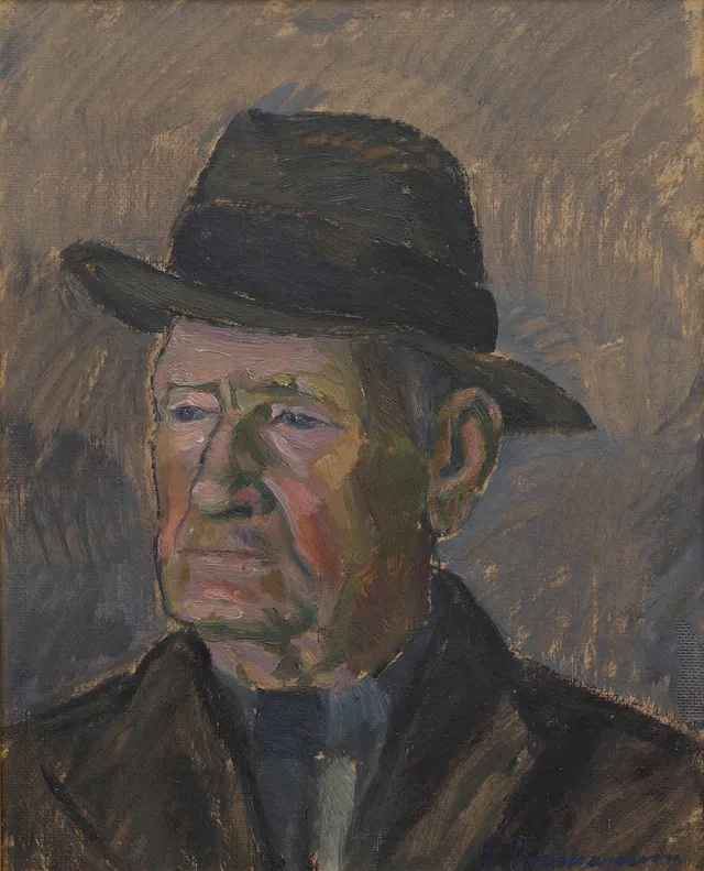 ERIC HERMANSSON. Olja på pannå, porträtt ""Sven-Petter Karlsson, Vekerum", signerad, 1900-talets första hälft.