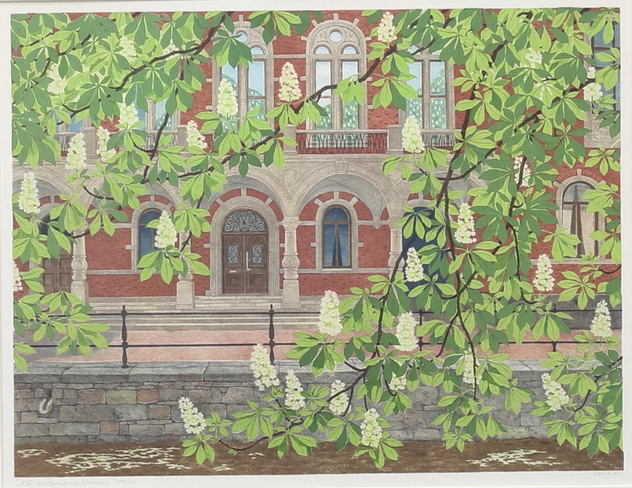 CARIN AX. "När kastanjerna blomma", färglitografi, signerad, numrerad 102/220. — Engravings & Prints — Auktionshuset Thelin & Johansson