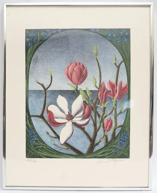 MARIA HILLFON. Blomsterkomposition, färglitografi, signerad och numrerad.