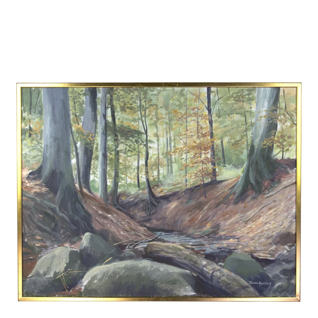 TOMMIE KJELLBERG. Olja på duk, skog med vattendrag, signerad. — Paintings — Höganäs Auktionsverk