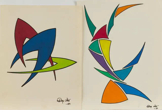 BIRGER ALSIÖ (1941-2021). "Rundimentär spetsform I" och "Rundtriangulär spetsform VI", signerade och daterade -69, gouache (2).