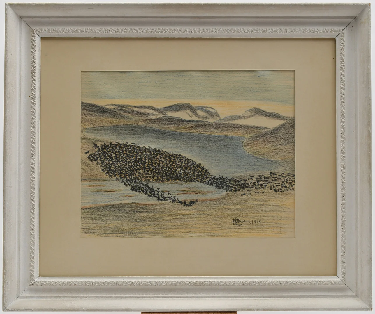 NILS NILSSON SKUM. Fjällandskap med renhjord, blandteknik. — Drawings — Connoisseur Bokauktioner