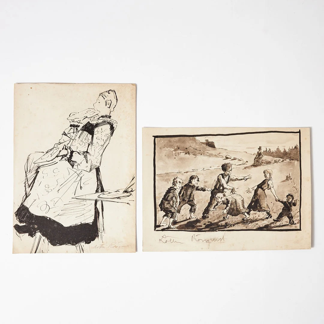 LOTTEN RÖNQUIST. 2 st illustrationer, Blindbock och Konstnärens mellanmål. — Drawings — Stockholms Auktionsverk Magasin 5