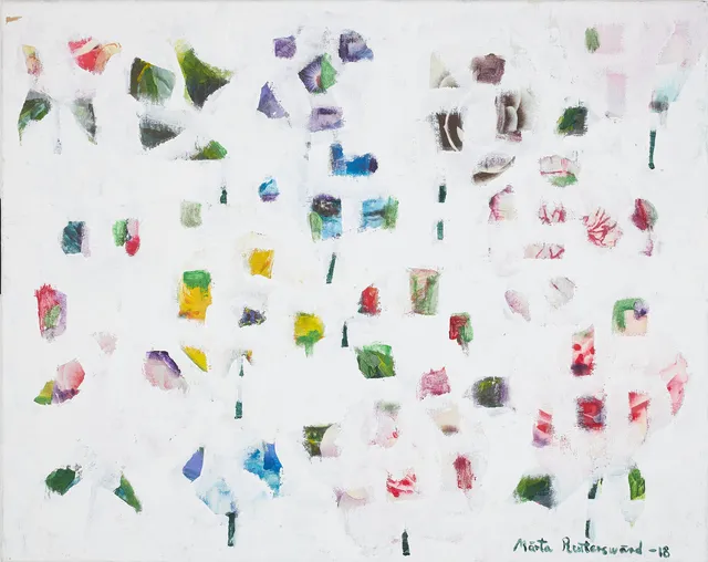 MÄRTA REUTERSWÄRD. "Fragments of Life II", bl.a. textil och akryl på canvas, numrerad och signerad.