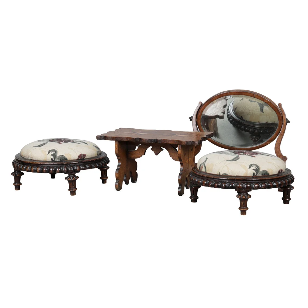 A PAIR OF VICTORIAN WALNUT FOOTSTOOLS, A 19TH CENTURY TOILET MIRROR AND A MARQUETRY INLAID STOOL (4). — Sofas & Seatings — Bishop & Miller
