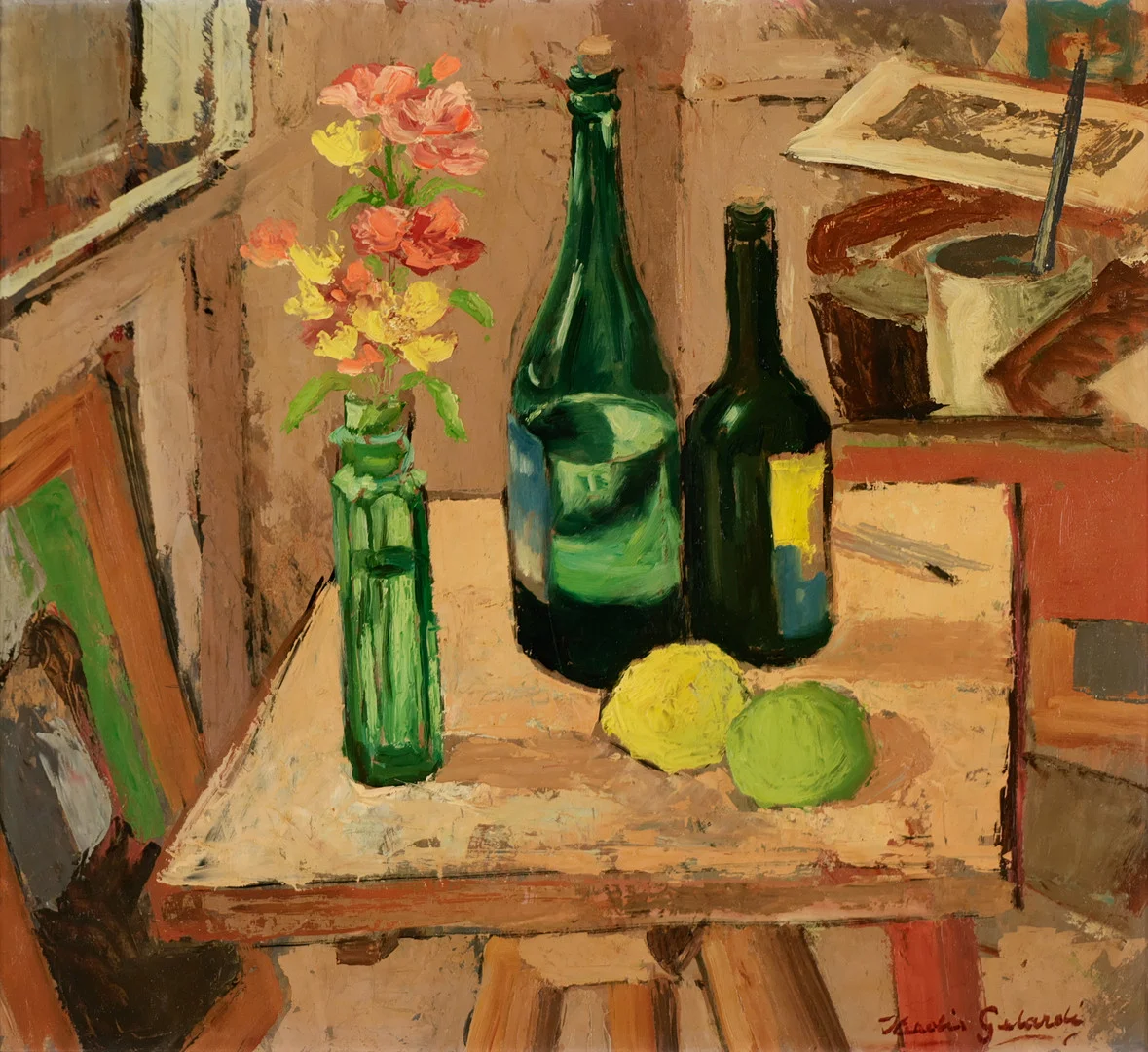 HERDIS GELARDI (1916-1991). Opstilling, olie på masonit, 1950'erne. Danmark. — Paintings — Palsgaard Kunstauktioner