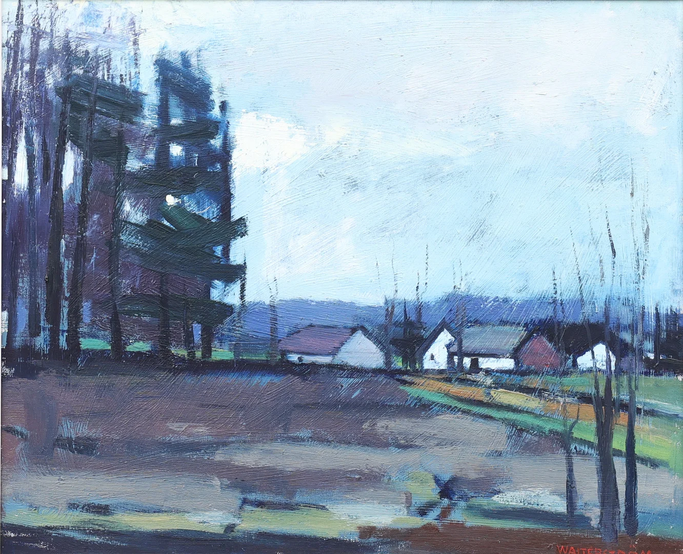 INGVAR WALTERSTRÖM (1920-1988). Landskap med hus och skog, olja på duk, signerad. — Paintings — Garpenhus Auktioner