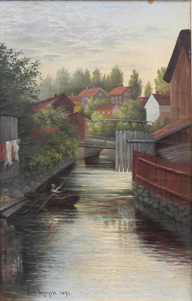 LOTTEN VON GEGERFELT. Kanal mellan hus. Olja på duk, signerad och daterad 1893.