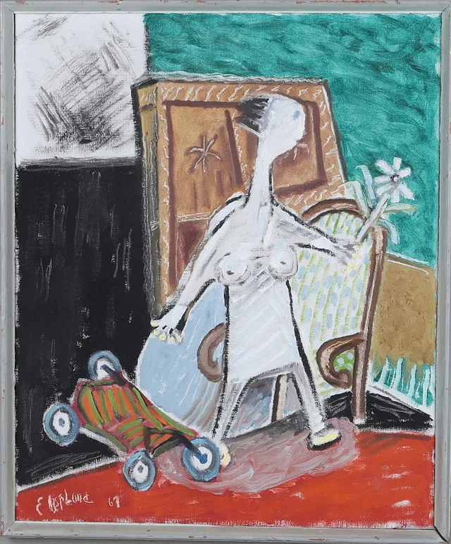 OIDENTIFIERAD KONSTNÄR, olja på duk, figuralt motiv, signerad och daterad -69.