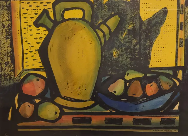 WALDEMAR MARBERG. STILLEBEN MED KANNA OCH FRUKTER.