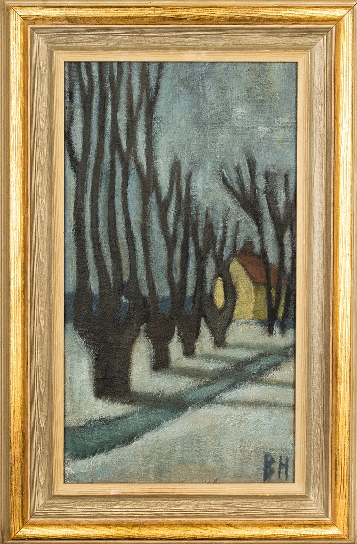 BERTA HANSSON. Olja på pannå, Landskap med gult hus, Signerad. — Paintings — Norrlands Auktionsverk