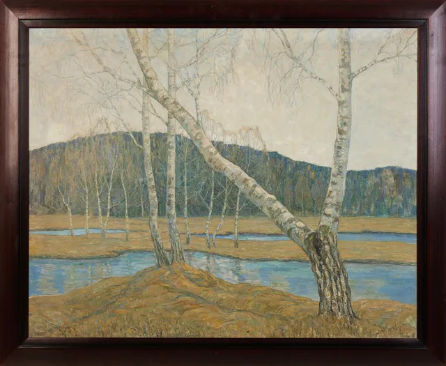 HUGO CARLBERG. Insjö med björkar, signerad, olja på duk.