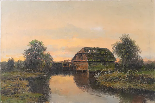 WIKTOR KORECKI. Hus vid vattendrag, olja på duk, signerad.