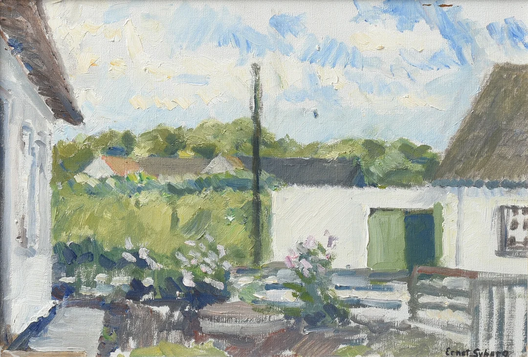 ERNST SYBERG (1906-1981). "Landsbyhuse på Ærø", olie på plade. Danmark, 20 årh. Signeret. — Paintings — Sørensen Auktioner