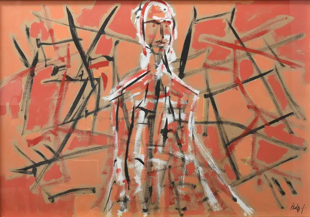 HELGE JACOBSEN. (1916-1987) Akryl på papir, indrammet. Signeret.