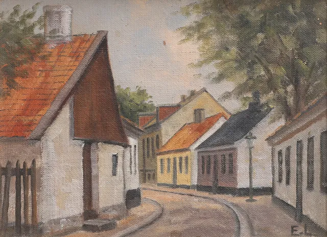 KARL ERIK LUNDBERG "LEDDE" 1926-1992. OLJA PÅ PANNÅ, ST MÅNSGATAN I LUND, MONOGRAMSIGNERAD.