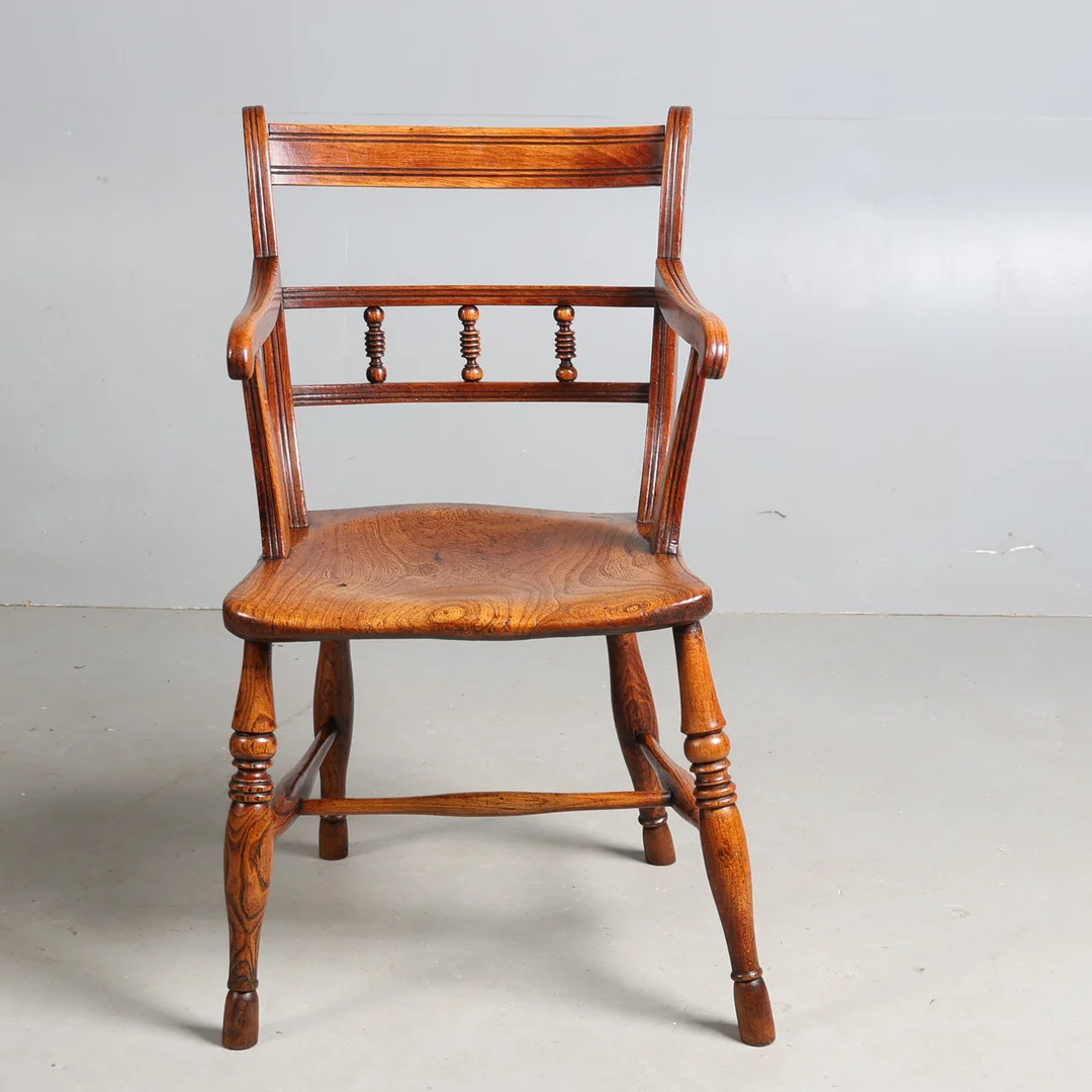 A 19TH CENTURY EAST ANGLIAN ELM OPEN ARMCHAIR, CIRCA 1830. — Armchairs & Chairs — Bishop & Miller