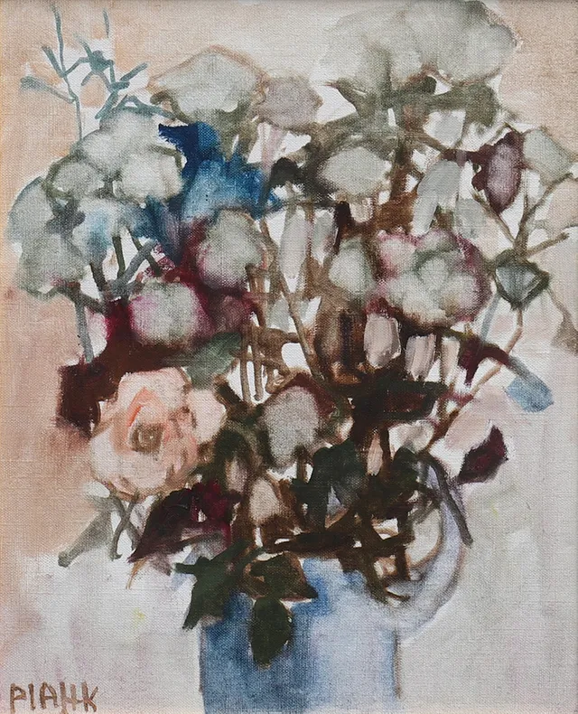 PIA HESSELMARK CAMPBELL. "BLOMMOR I BLÅ KRUS" olja på duk.