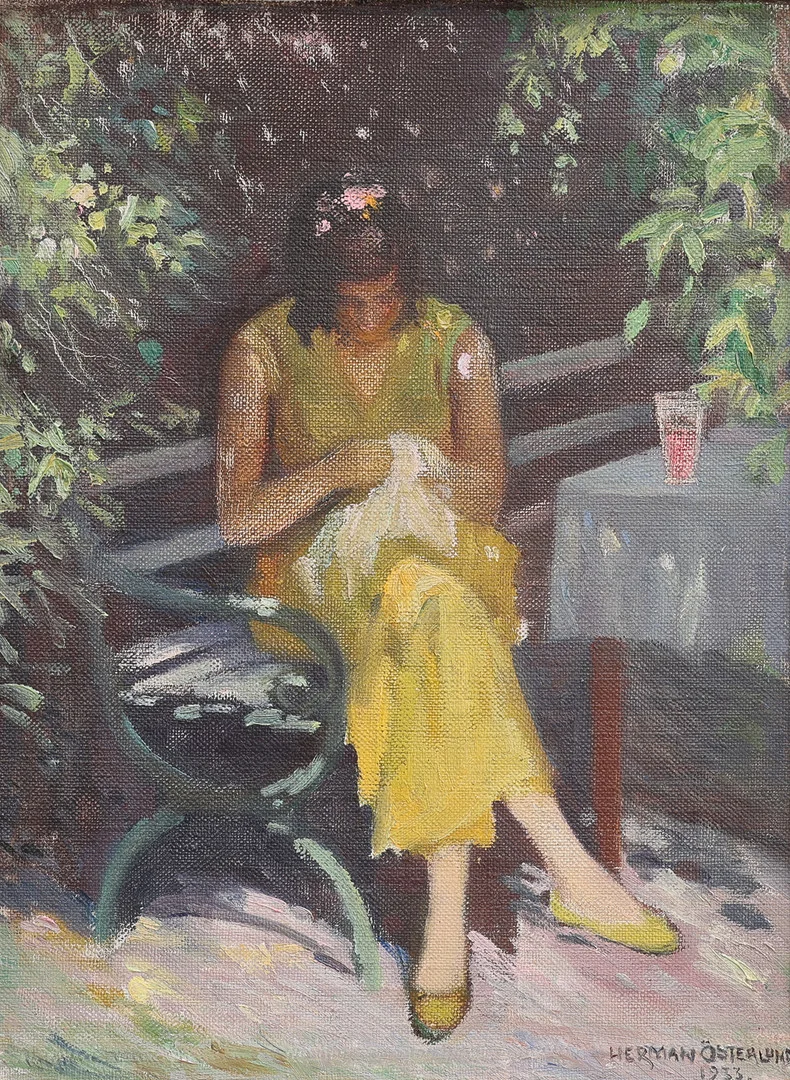 HERMAN ÖSTERLUND. OLJA PÅ DUK, SYENDE KVINNA, SIGNERAD & DATERAD 1933. — Paintings — Crafoord Auktioner Lund