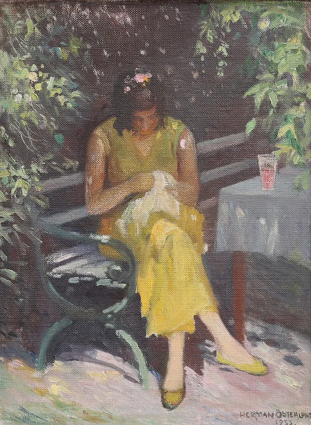 HERMAN ÖSTERLUND. OLJA PÅ DUK, SYENDE KVINNA, SIGNERAD & DATERAD 1933.