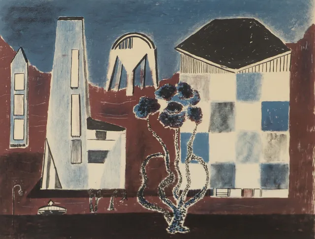 PAUL HOLSBY. "Stad i vitt", färglitografi, signerad -59.