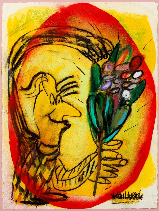 PETER WAHLBECK. Figur med blombukett, blandteknik, signerad.