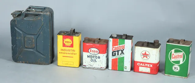 Samling oliedunke, bl.a. Esso, Shell og Castrol (6)