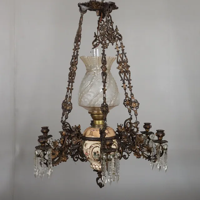 TAKLAMPA, bronserad, keramik/ glas, majolika, 1900-talets första hälft.