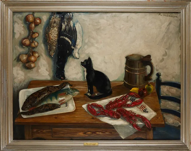 PER MÅNSSON. ''Stilleben med katt'', olja på duk, signerad.