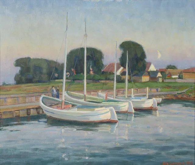 ALBERT LARSEN. Hamnmotiv, olja på duk, signerad, daterad 1948.