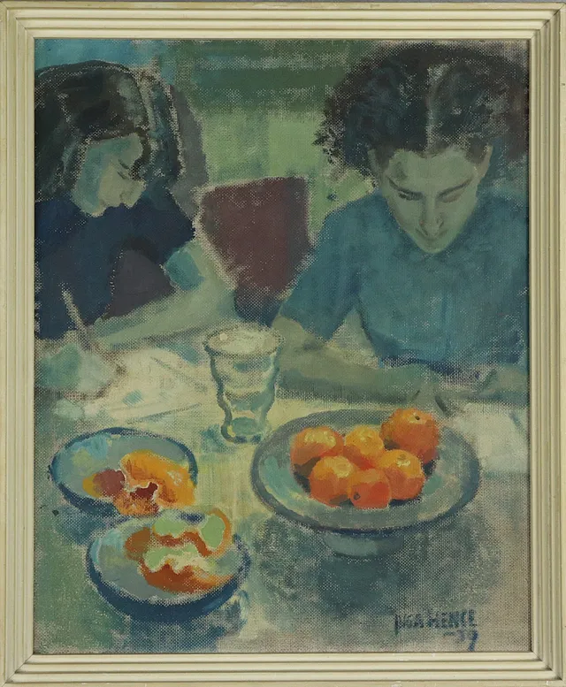 INGA HENSE. Olja på pannå, flickor som skriver, signerad -59.