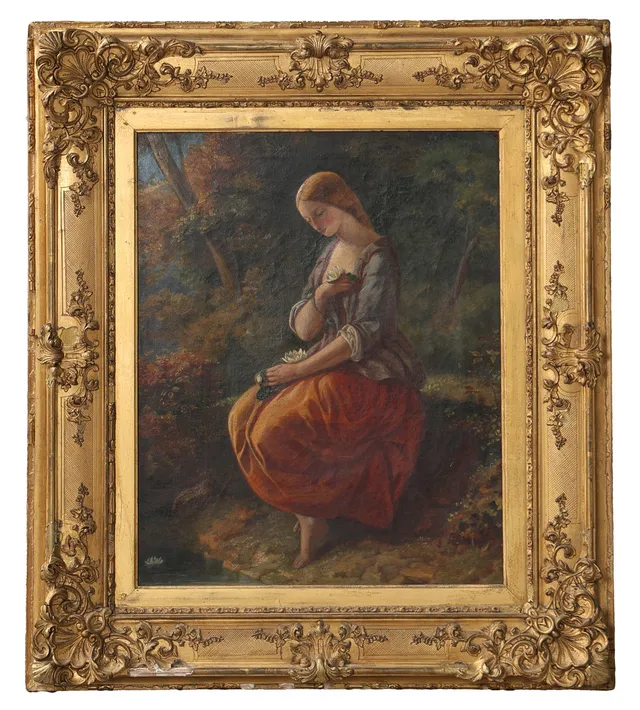 19TH CENTURY BRITISH SCHOOL "STUDY OF A GIRL HOLDING WATERLILLIES".
