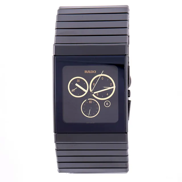 Diastar of ceramic, ref. 538.0714.3. Mechanical movement with quartz winding, chronograph and date indication. Rado bracelet of ceramic with titanium folding clasp. Circumference approximately 18.5 cm. Ø 35 mm. 2000s.