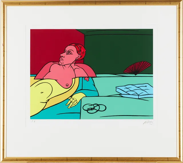 VALERIO ADAMI (1935). figurscen, färglitografi, signerad Adami, numrerad E.A.