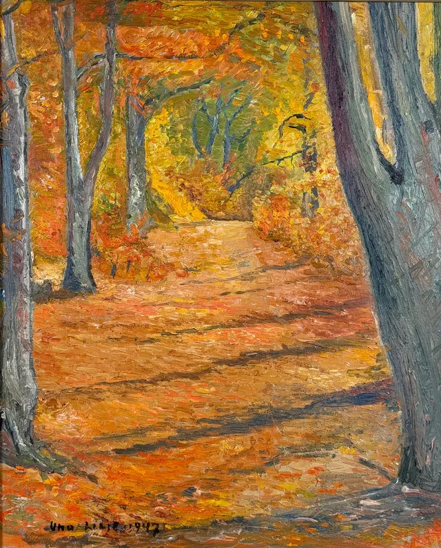 UNO LINDBERG. "Höst i bokskogen 1947", olja på pannå, signerad och daterad.