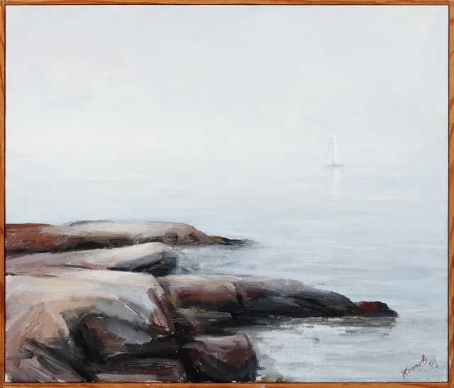 PETER KENNEDY. Kustbild med segelbåt, olja på duk, signerad och daterad.