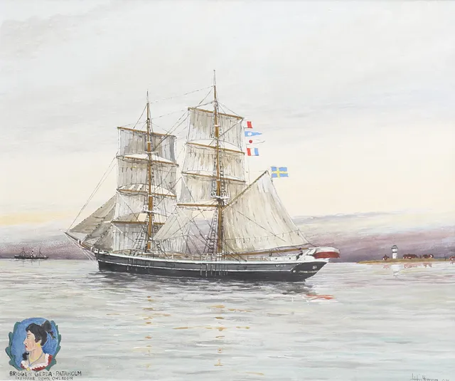 LARS HULTGREN. "Briggen Gerda, Pataholm". Olja på duk, signerad.