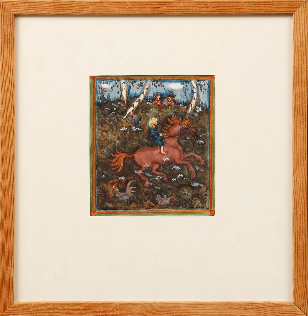 BJÖRN BERG. Motiv av Emil i Lönneberga på hästen Lukas, gouache på papper, signerad och daterad 1971. — Paintings — Göteborgs Auktionsverk