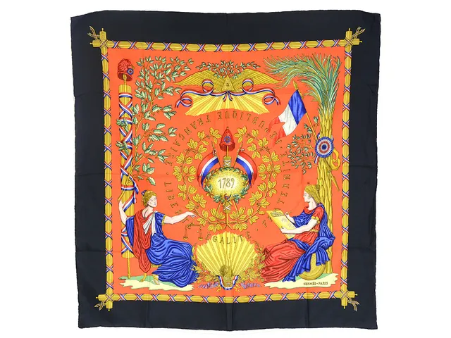 SCARF, HERMÈS, Liberté, Egalité, Frater Joachim Metz, röd botten, svart kant, 90x90 cm, mindre fläck.