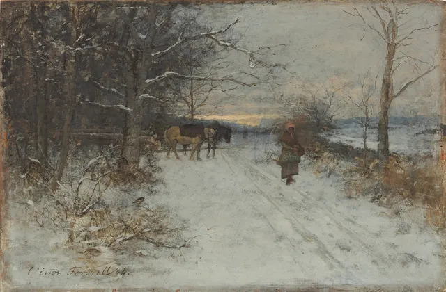VICTOR FORSSELL. Vintermotiv, olja på trä, signerad Victor Forssell 1882.