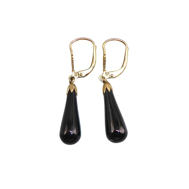 PAAR OHRHÄNGER, 333 GOLD, ONYX-TROPFEN.