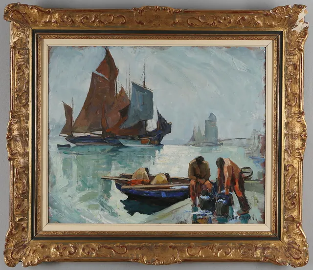 KNUT NORMAN. Segelfartyg och fiskare, olja på pannå, signerad.