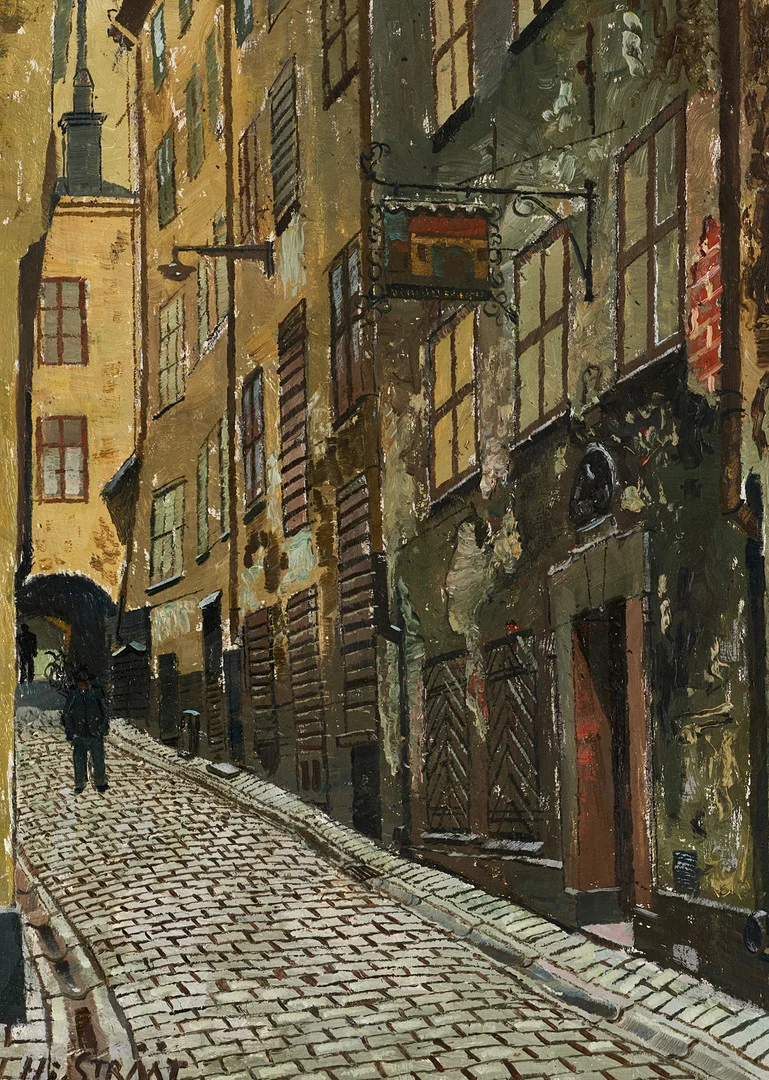 HJALMAR STRÅÅT (1885–1971). Motiv från gamla stan, Stockholm (St. Hoparegränd). signerad. olja på pannå. — Paintings — Crafoord Auktioner Stockholm