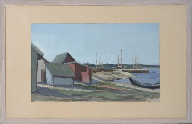 OLLE MATTSSON. Hamnen i Böda, Öland, gouache, signerad och daterad -60.