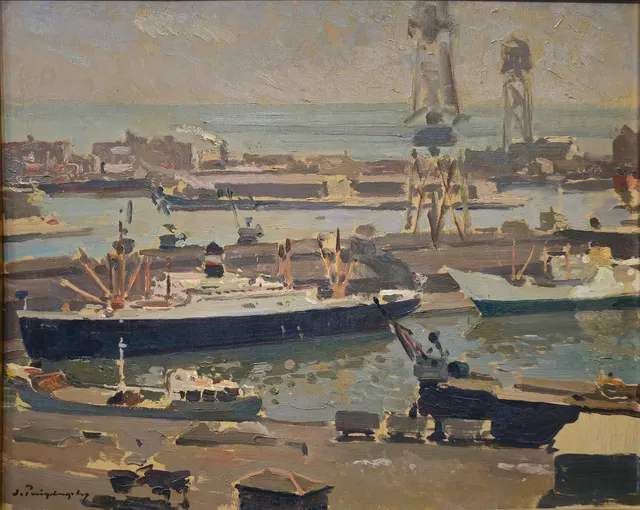 JOSEP PUIGDENGOLAS (1906-1987). Vista del puerto de Barcelona.